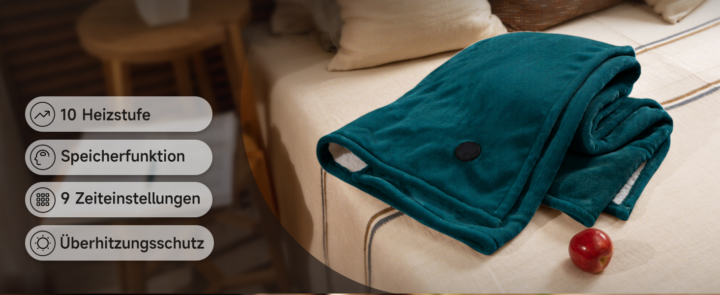 Електрична ковдра GOTCOZY 130x180 см з 10 режимами нагріву та таймером, блакитна