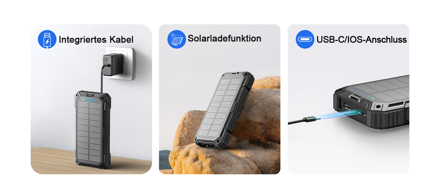 Сонячний повербанк 26800 mAh з 4 кабелями, швидка зарядка USB-C, Qi бездротова зарядка, LED ліхтарик – для телефонів, планшетів, кемпінгу (Чорний)