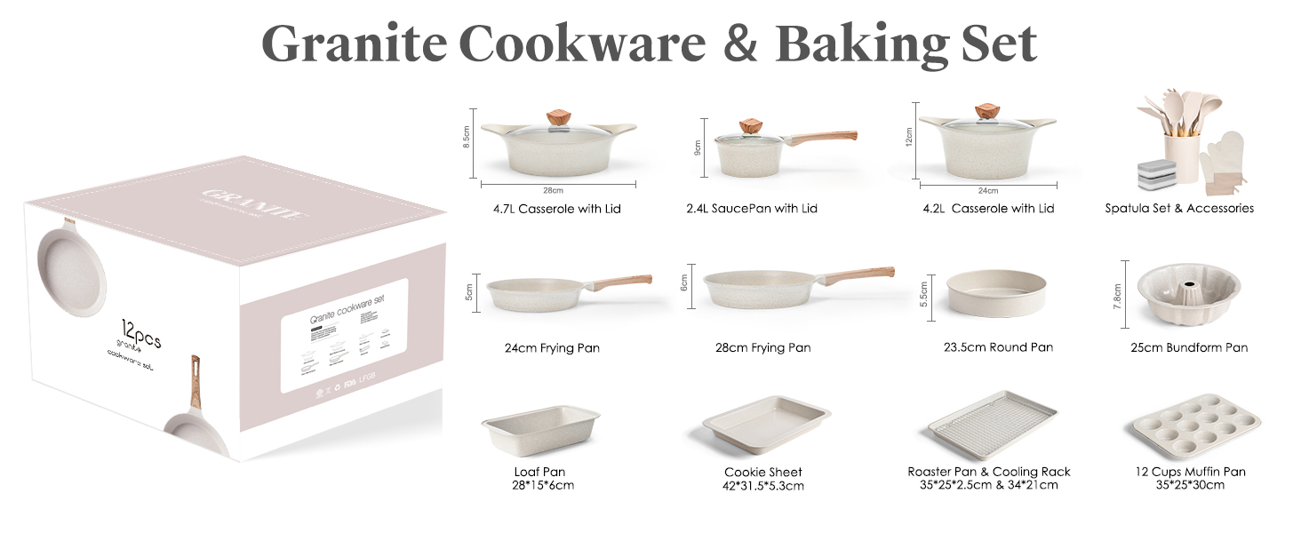 Набір посуду RIOVARM з індукційним покриттям з граніту Antihaft, з кришкою: каструлі, сковорідки, шпатель. Без PFOA.