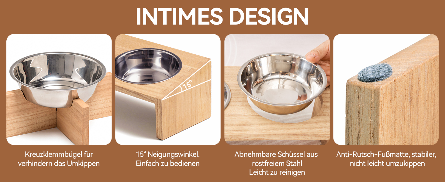 Підвищені годівниці для котів та собак KIRIGEN - дерев'яна станція для годування з 3 знімними мисками з нержавіючої сталі, годівниця для котів та дрібних тварин, натуральний колір