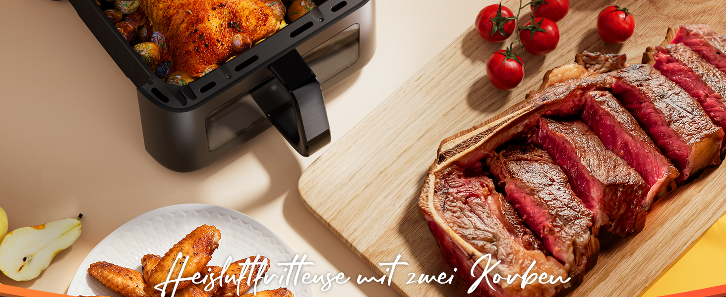 Електрична фритюрниця без олії (10л) з подвійним набором камер, подвійний набір, сенсорний екран, 10 програм, таймер, чорна