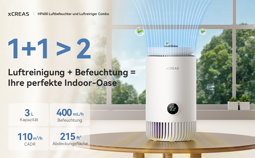 Повітряочищувач та зволожувач повітря 2 в 1 – зволожувач-випарник + HEPA-фільтр, для спальні, резервуар 3 л, тиха робота 23 дБ, без пилу та туману