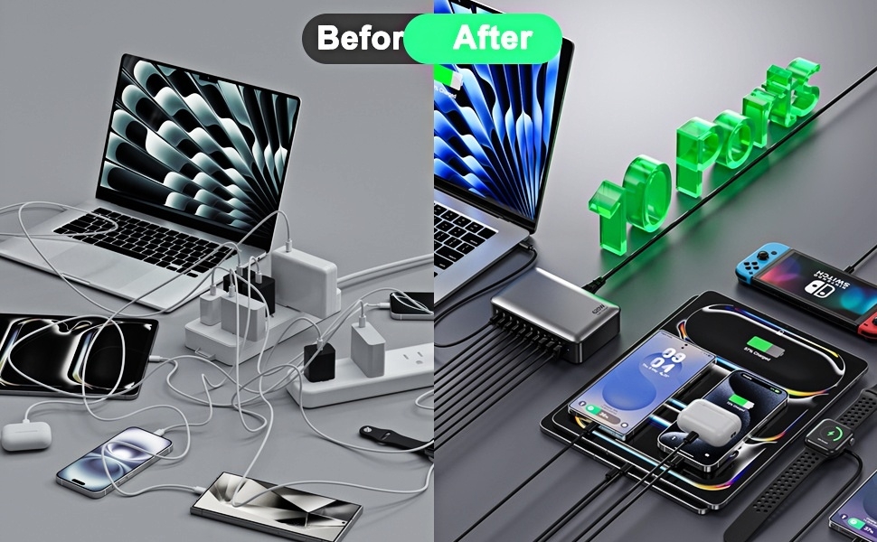 Зарядний пристрій USB-C 620W, 10 портів: Швидка зарядка PD PPS 100W, USB-C для MacBook Pro/Air, iPad, iPhone 16/15/14/13/12 Pro Max, Samsung