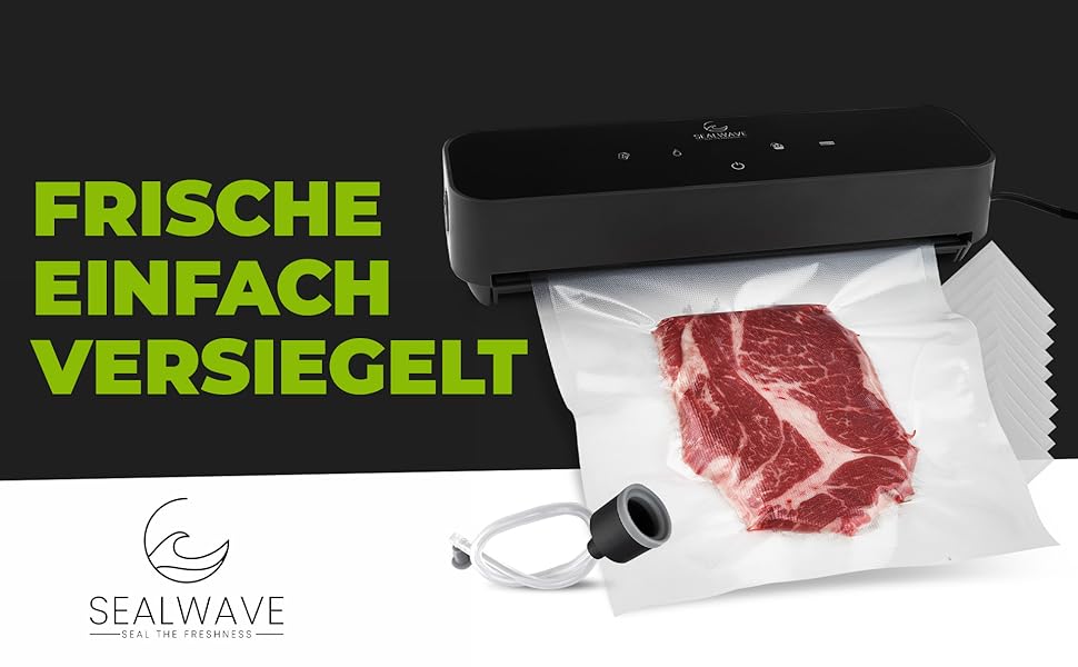 Вакуумний пакувальник SEALWAVE для продуктів харчування: потужний, широкий зварювальний шов, тихий та ефективний, універсальний (для вологих та сухих продуктів), легке очищення, з 10 безкоштовними пакетами