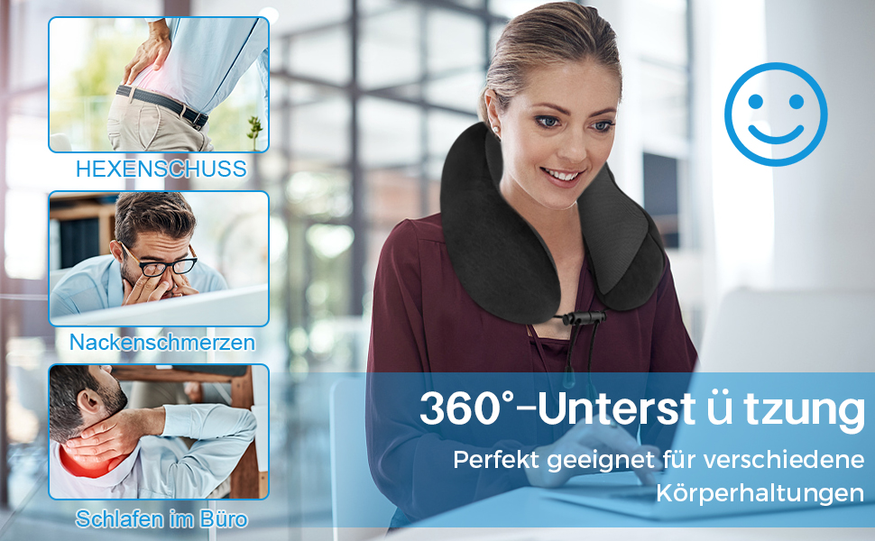 Подушка для шиї у літак CNMTCCO, регульована, з піною Memory Foam, ергономічна, з навушниками, маскою для очей, сумкою, для подорожей (літак, авто), чорна