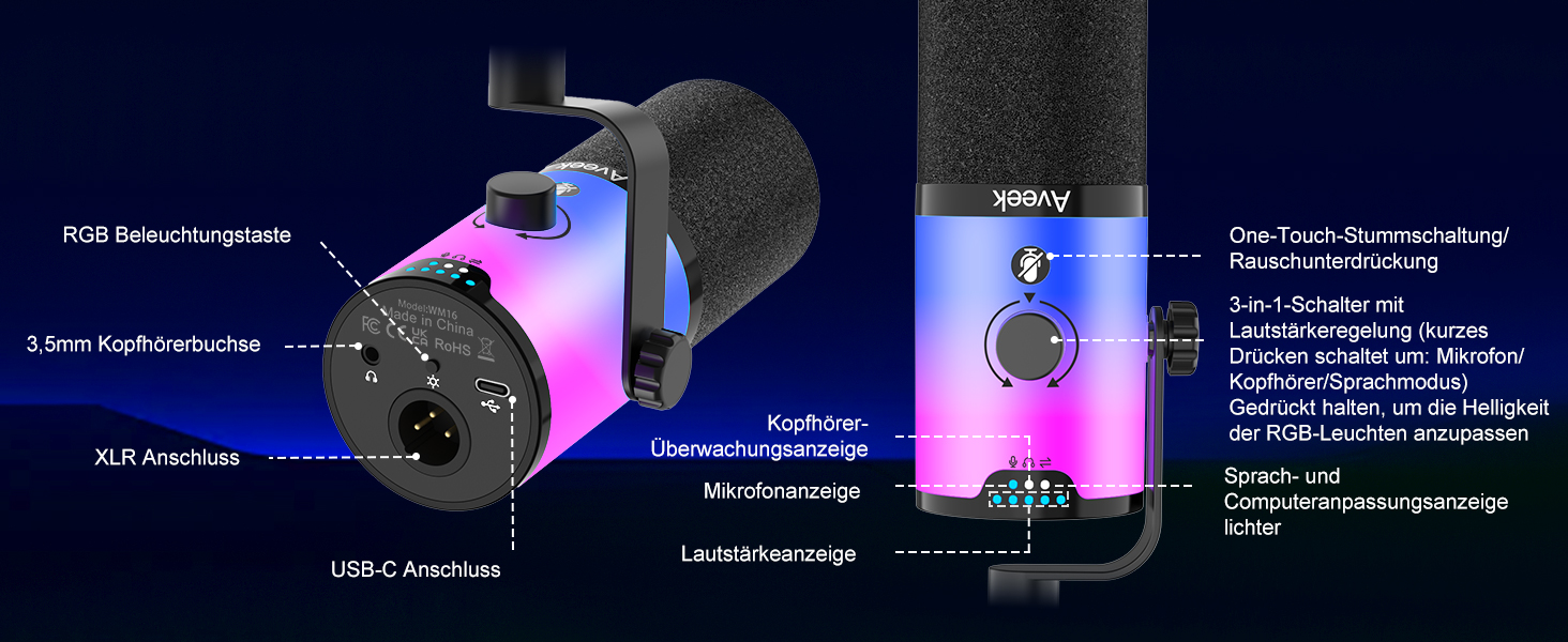 Мікрофон Aveek USB/XLR динамічний з тримачем, з функцією Mute, шумозаглушенням та RGB підсвіткою для ПК, стрімінгу, подкастів та запису