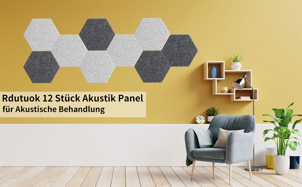 Акустичні гексагональні панелі Rdutuok для звукоізоляції, 12 шт, 30x26x1 см, шумопоглинаючі стінові панелі для студії, офісу та декору (темно-сірі)