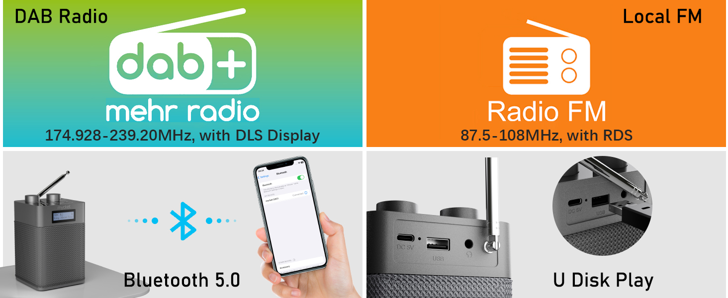 Портативне DAB/DAB+ радіо з цифровим UKW радіоприймачем, FM радіо з Bluetooth 5.0, USB, 80 попередніх станцій, LED дисплеєм сірого кольору