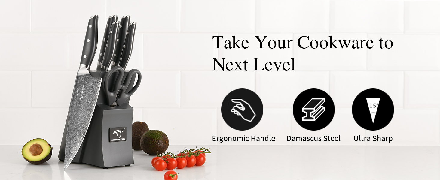 Набір кухонних ножів NANFANG BROTHERS Damascus 7 предметів з підставкою, нековзна ручка ABS, високоякісна нержавіюча сталь, ніж шеф-кухаря, хлібний ніж, ніж сантоку, ніж для очищення, ножиці