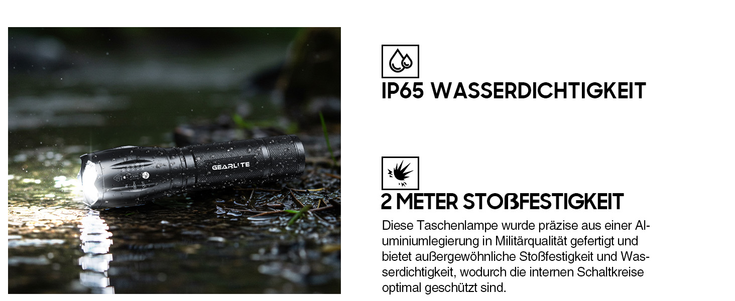 LED ліхтарик Gearlite 2 шт., 2000 люмен, 5 режимів, IP65, водонепроникний, для кемпінгу, туризму, дітей, чорний