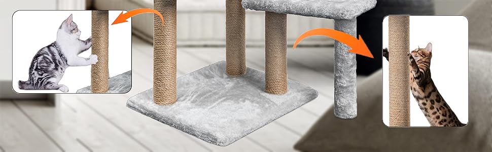 Кліматичний комплекс для котів Kratzbaum 145 см: кігтетопка, ігровий майданчик, ліжко, печера, платформи, сізалова колона, сірий колір