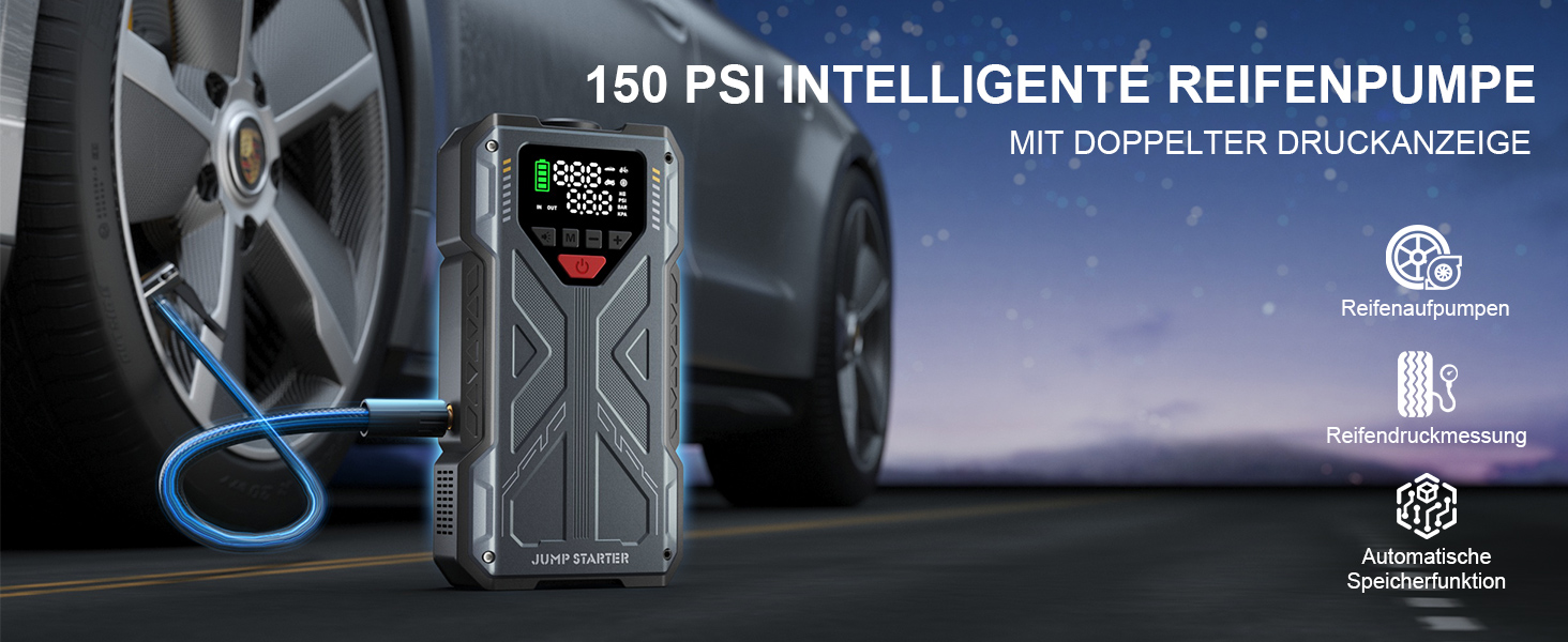 Пусковий пристрій (бустер) для авто Starthilfe 8000A з компресором 150PSI, портативний Powerbank 12V для бензинових та дизельних двигунів до 10л, LED-дисплей, сірий