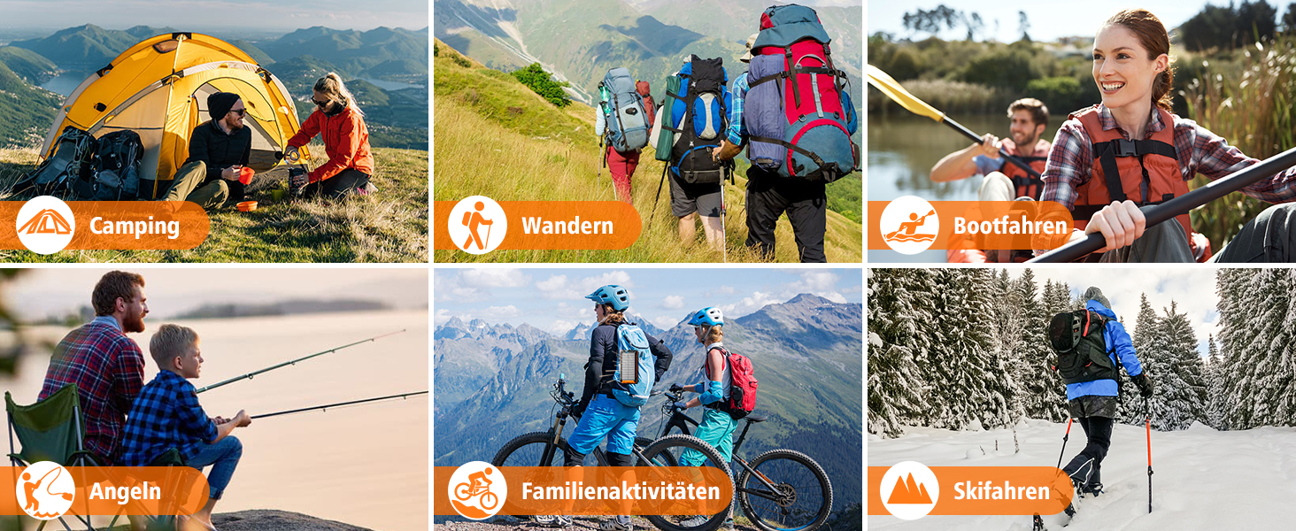 Power Bank Solar GOODaaa 26800mAh з 6 виходами, 4 входами, 15W, для мобільних пристроїв, з ліхтариком та карабіном (Оранжевий)