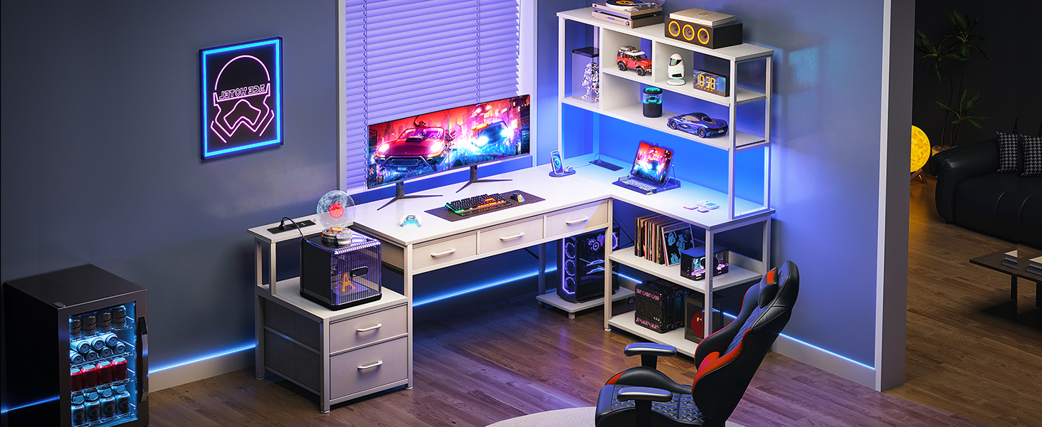 Комп'ютерний стіл Coleshome з 5 шухлядами та 4 полицями 180x100 см, L-подібний стіл з LED-підсвіткою, розетками та USB, великий стіл для home office, білий