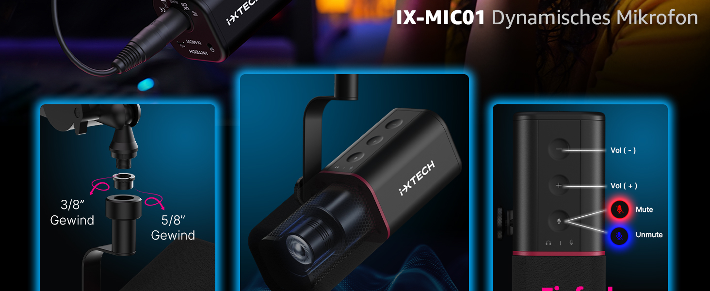 IXTECH Динамічний мікрофон з нирковою характеристикою RGB для студії, стримінгу та запису. USB/XLR, регулювання Gain, для подкастів та вокалу. Білий (M, Black)