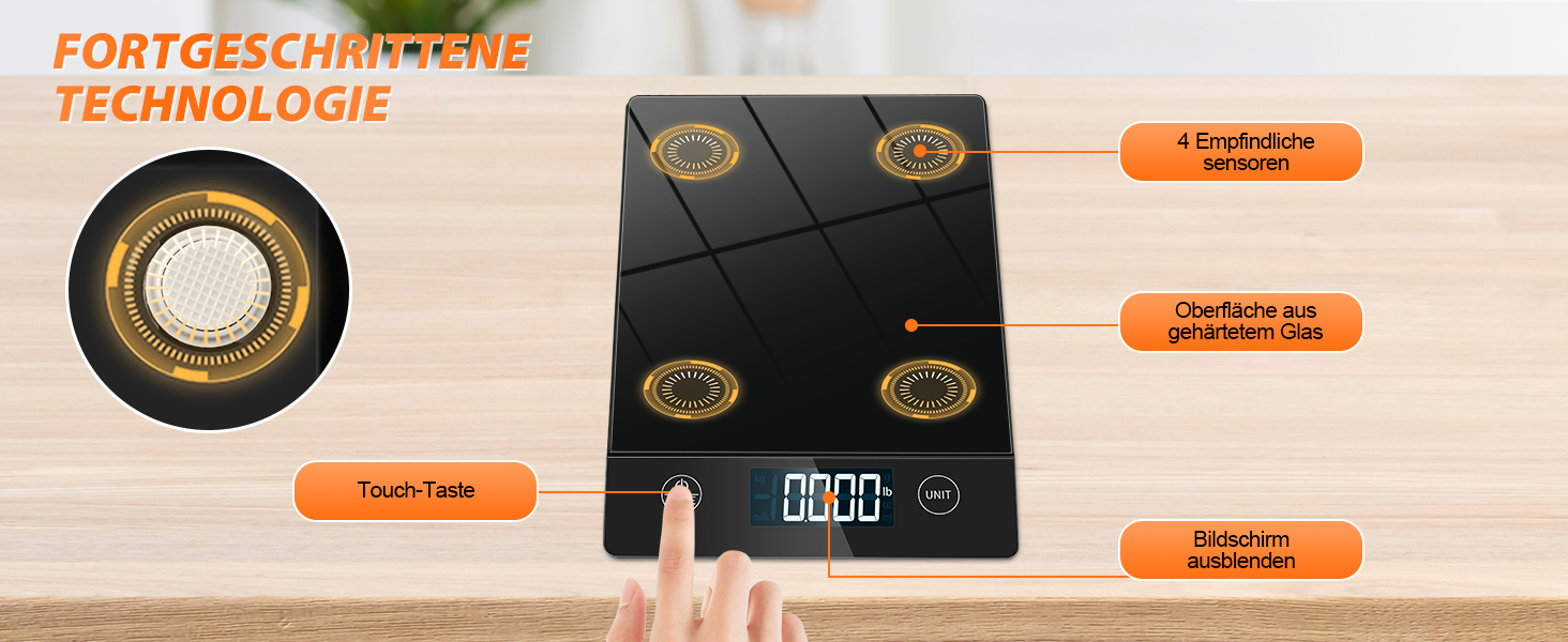 Цифрова кухонна вага з нахиленим дисплеєм, скло, точна 1г, функція тарування, водонепроникна 10кг, сенсорний екран, з батарейками - чорний