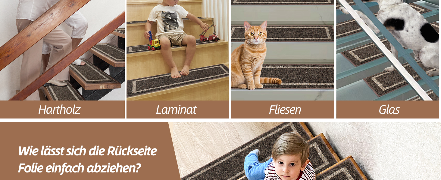 Килимок для сходин COSY HOMEER 70x22 см (15 шт.), самоклеючий, антиковзкий, для дому, машинного прання, 100% поліестер, TPE-підкладка (Коричневий, 4 шт.)