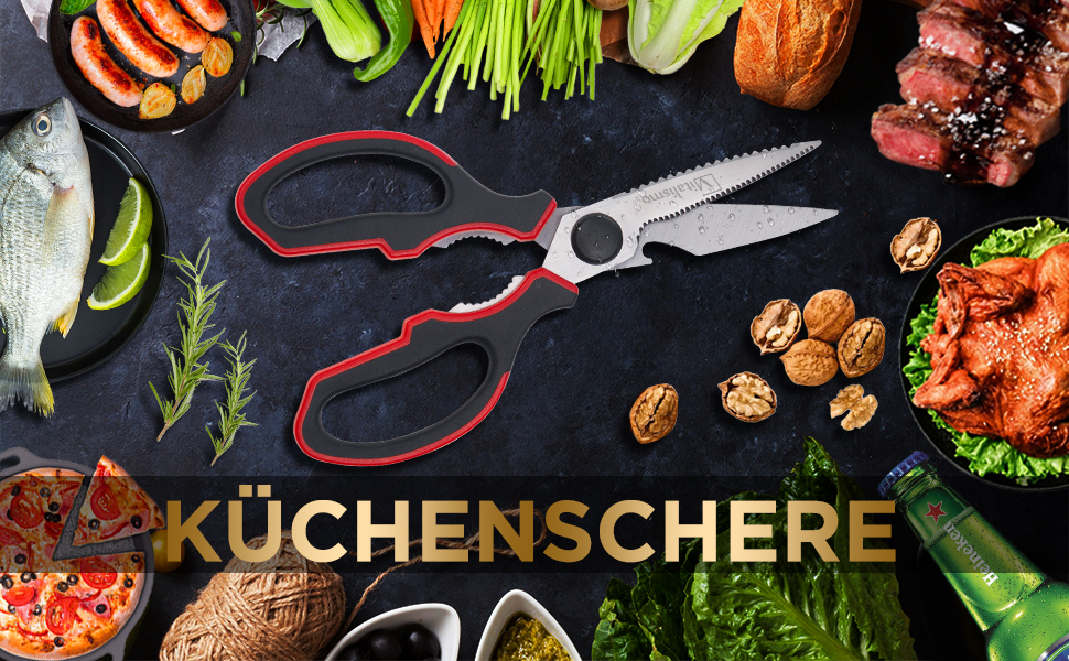 Універсальні кухонні ножиці 21 см з нержавіючої сталі, для риби, птиці, горіхів, з захистом леза, миючі в посудомийній машині, для лівшів, червоні