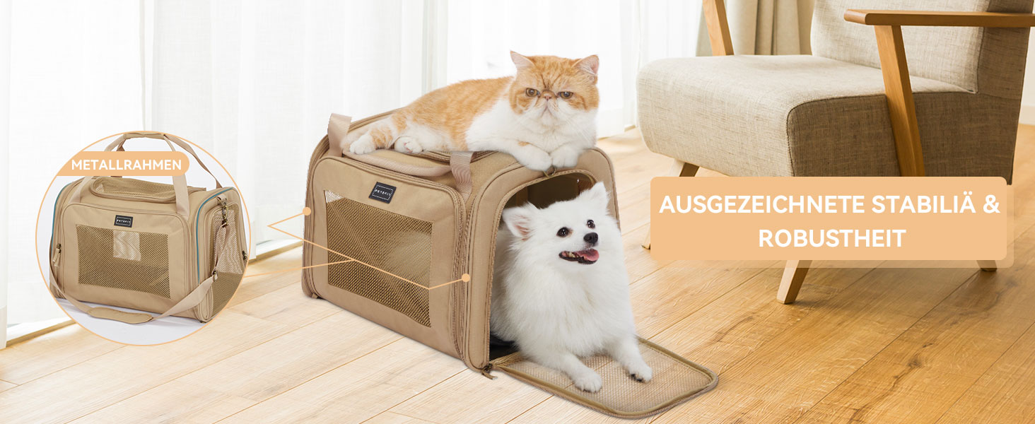 Транспортна переноска для котів та собак Petsfit, складана сумка-переноска, 50L x 33B x 33H см, з м'яким розкладним килимком та регульованим плечовим ременем, Khaki