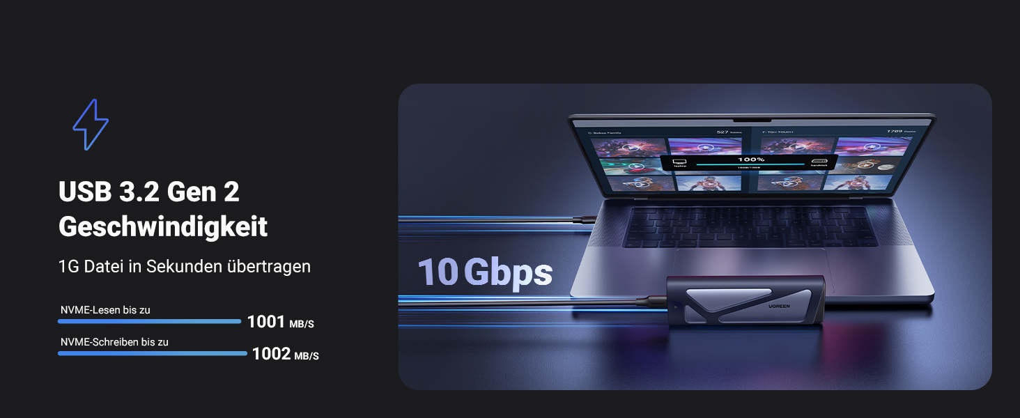 Зовнішній корпус для SSD UGREEN M.2 NVMe та SATA, USB 3.2 Gen 2, швидкість 10 Гбіт/с, алюмінієвий