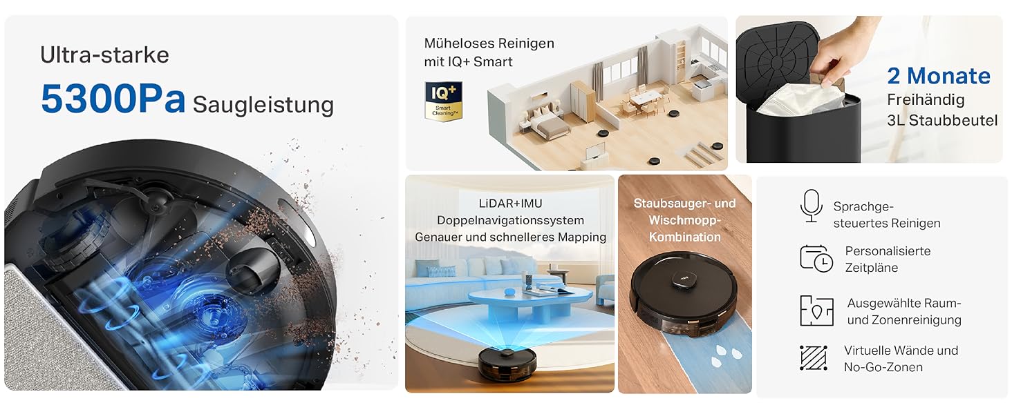 Робот-пилосос Tapo RV30 Max Plus з функцією миття та автоматичною станцією самостійного очищення, 5300Pa, LiDAR+IMU, голосове керування Alexa & Google Assistant, APP