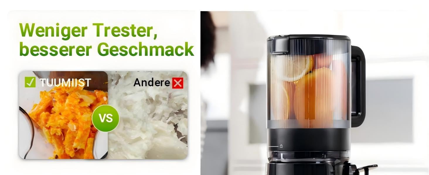 Шнекова соковижималка TUUMIIST Slow Juicer для цілих фруктів та овочів, 1.8 л, глянцевий чорний, 135 мм