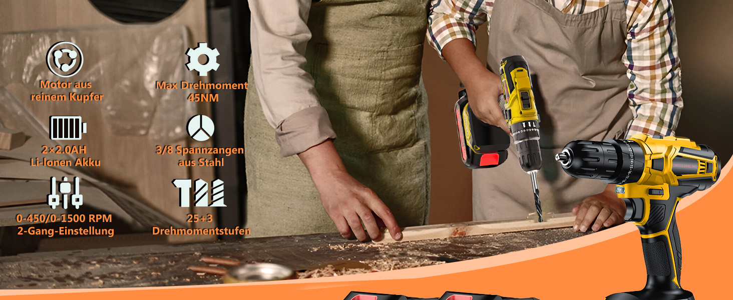 Акумуляторний шуруповерт 21V з акумулятором 4000mAh, 45Nm, 25+3 положення, 2 швидкості, LED, 2 акумулятори 2.0Ah, зарядний пристрій, для дому та саду, DIY проєкти (жовтий)