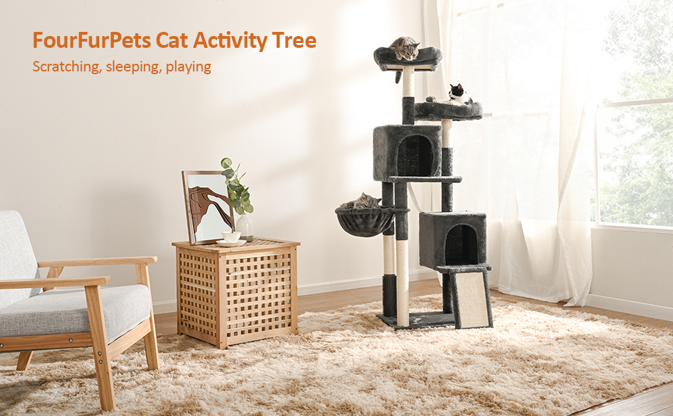 Кігтеточка для котів FourFurPets 156 см, з драбиною з сизалю, 2 платформи, 2 печери, гамак, іграшки, сірий