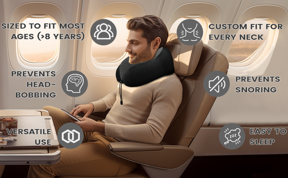 Подушка для шиї у літак - 100% Memory Foam - Зручна подушка для подорожей - з 3D-маскою для сну та навушниками - Ідеально для літака, авто, дому, офісу, чорна