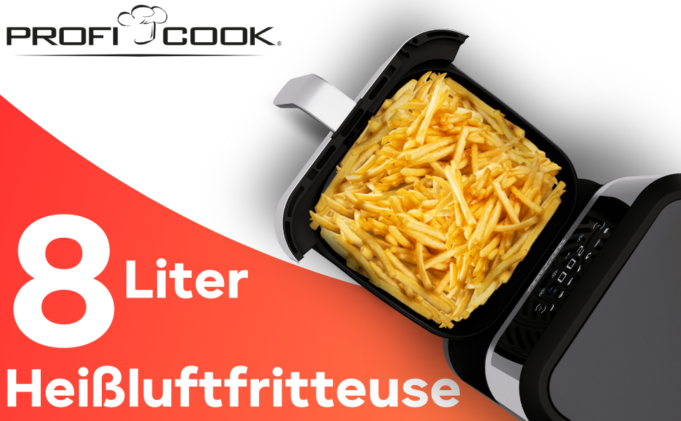 Фритюрниця ProfiCook® Heißluft XXL 8л з нержавіючої сталі | Airfryer з 7 програмами | Модель 2024