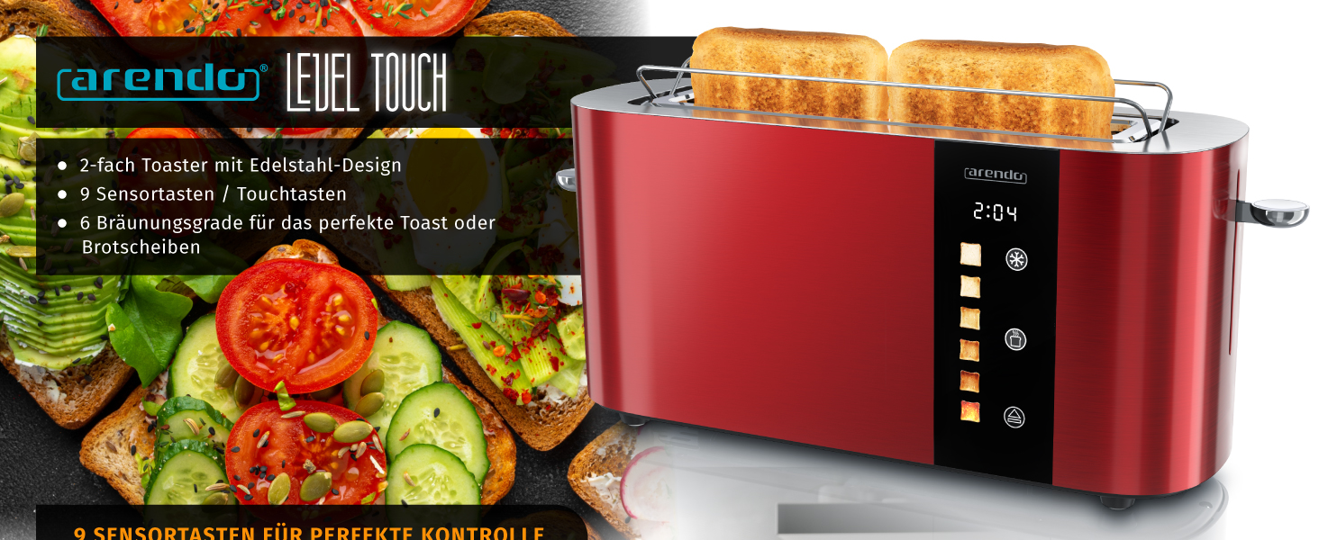 Тостер Arendo з нержавіючої сталі, 2 слоти, сенсорний дисплей, подвійні стінки, насадка для тостів, 6 рівнів підсмажування, центрування хліба, таймер, пам'ять - Чорний (D: Karminrot)