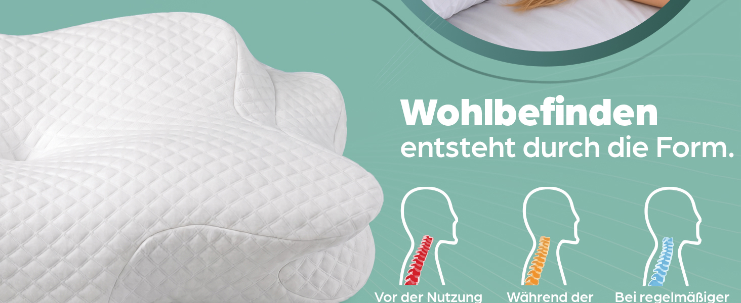 Ергономічна подушка для шиї Flowen з ефектом пам'яті (Memory Foam) від болю в шиї, антихрапіння, для всіх позицій сну, біла, зі знімним чохлом