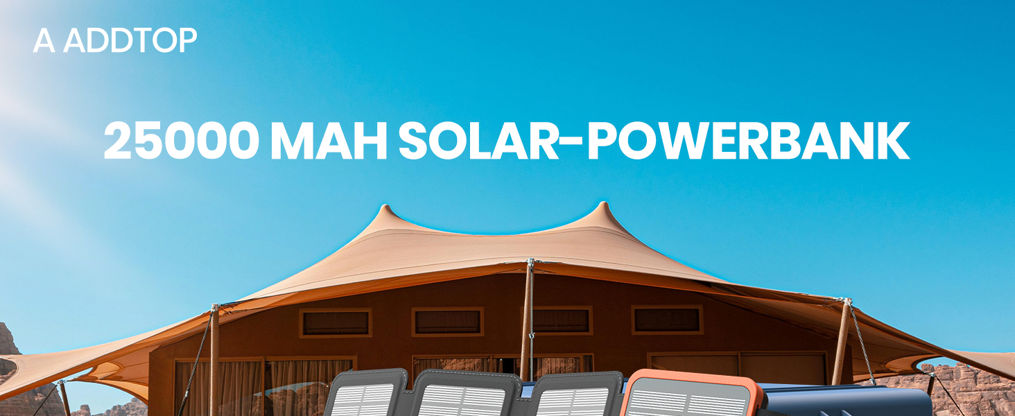 Портативний сонячний павербанк A ADDTOP 25000 mAh з 4 сонячними панелями, 3.0A, для смартфонів та планшетів