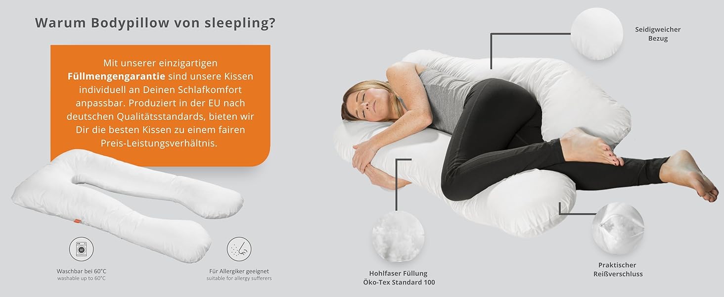 Подушка для вагітних та для сну на боці Sleepling U-подібна, 140x75x20 см, біла, знімний чохол 100% бавовна, прати при 60°C, сертифікат OEKO-TEX, вироблено в ЄС