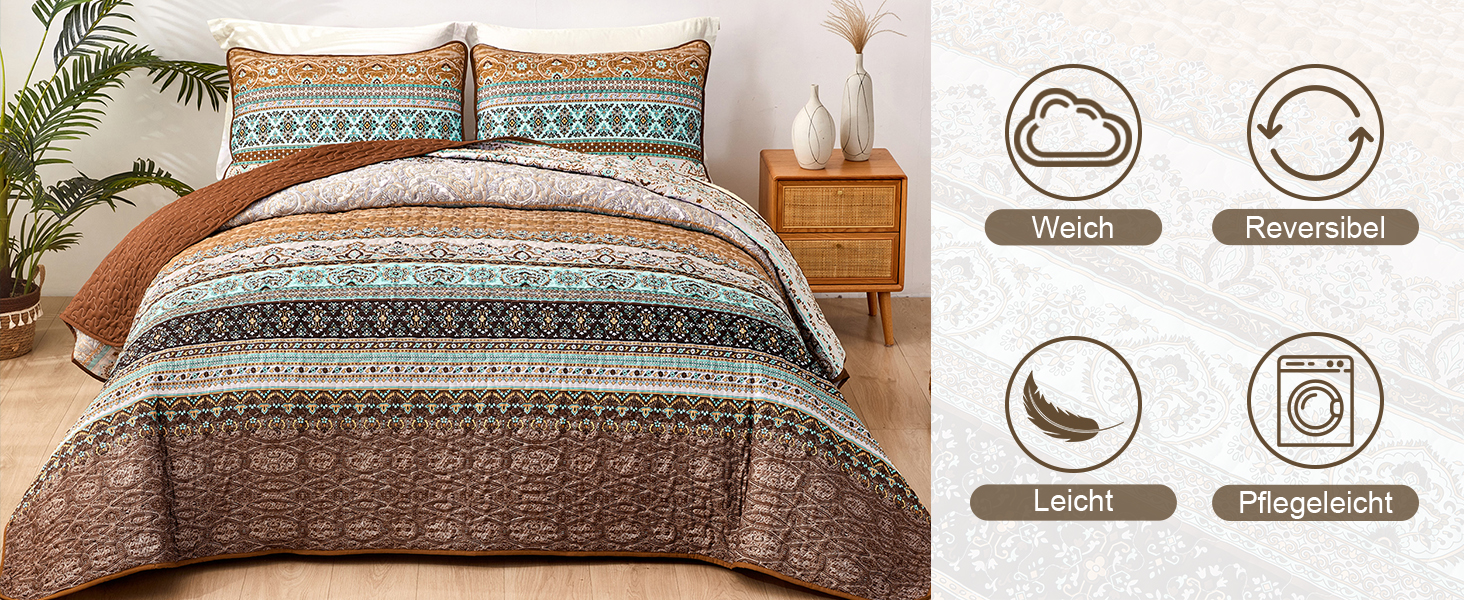 Покривало WONGS BEDDING 220x240 см Boho, стьобане, мікрофібра, 3 предмети: покривало та 2 наволочки 50x70, для двоспального ліжка, коричневе, для спальні чи дивана