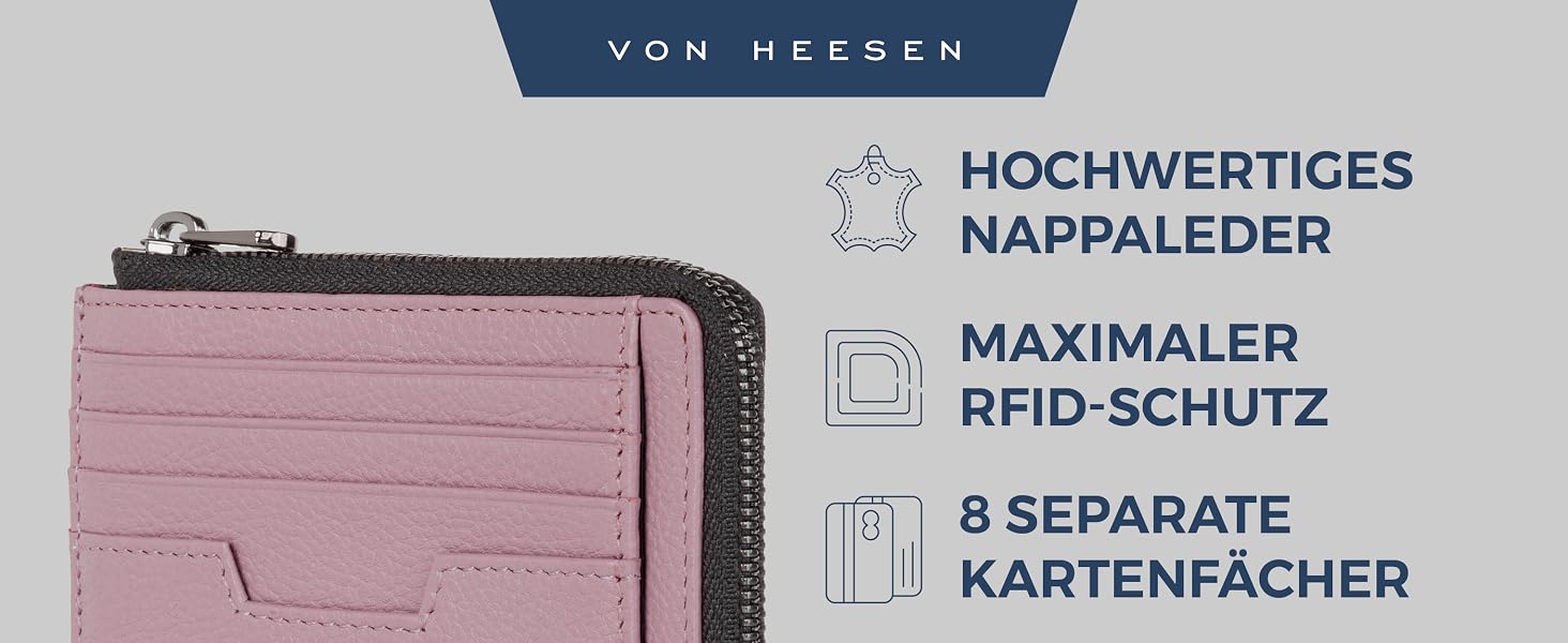 Шкіряний RFID картхолдер VON HEESEN з натуральної шкіри наппа, портмоне для кредитних карток на 9 відділень, унісекс (Коньяк/Лаванда)