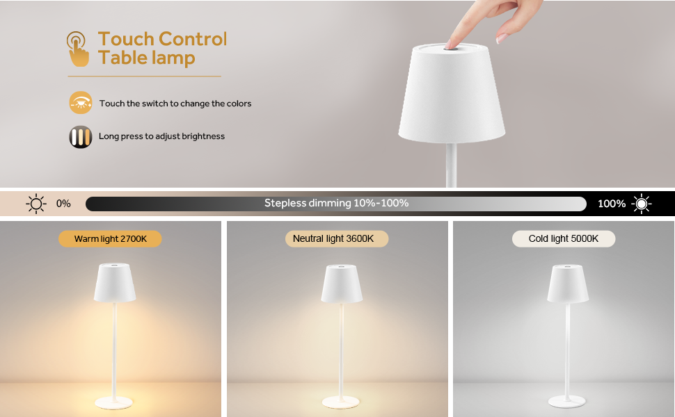 Настільна LED лампа DEELUX акумуляторна, димована, бездротова, з USB-C, 3 режими кольору (2700K/3600K/5000K), водонепроникна IP44, бежева