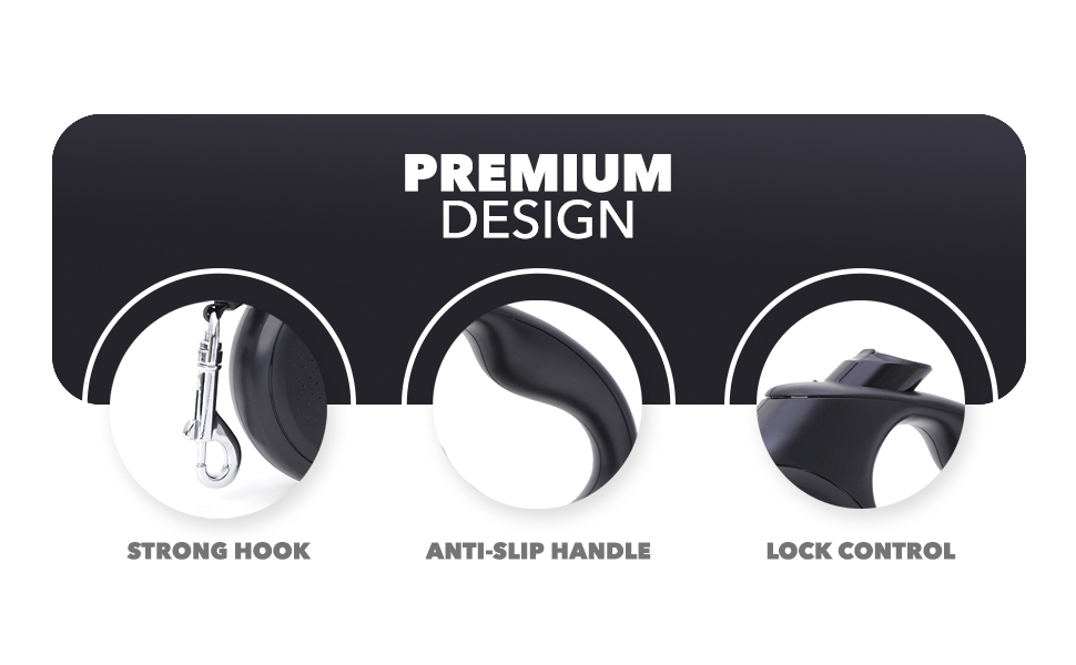 Висувна поводок для собак FurDreams – міцний, 5-метровий поводок з надійним затискачем | Нековзний ручка з контролем блокування | Міцний нейлоновий поводок, що не заплутується & гачок для нашийника (Чорний, Великий) Чорний Великий