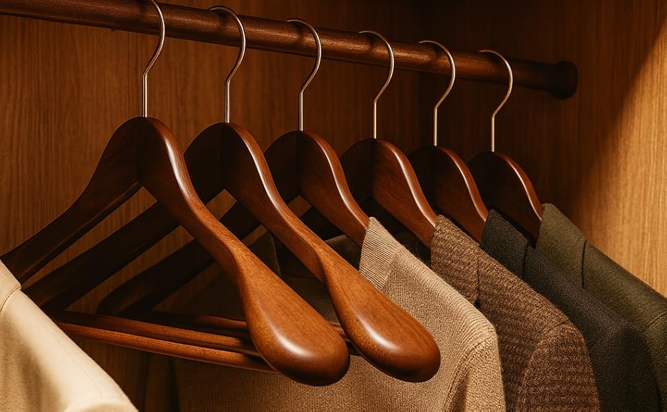 Дерев'яні вішалки для одягу MELA'S, набір 18 шт, широкі, протиковзкі, для курток, костюмів, сорочок, штанів, 45 x 23 x 5.5 см