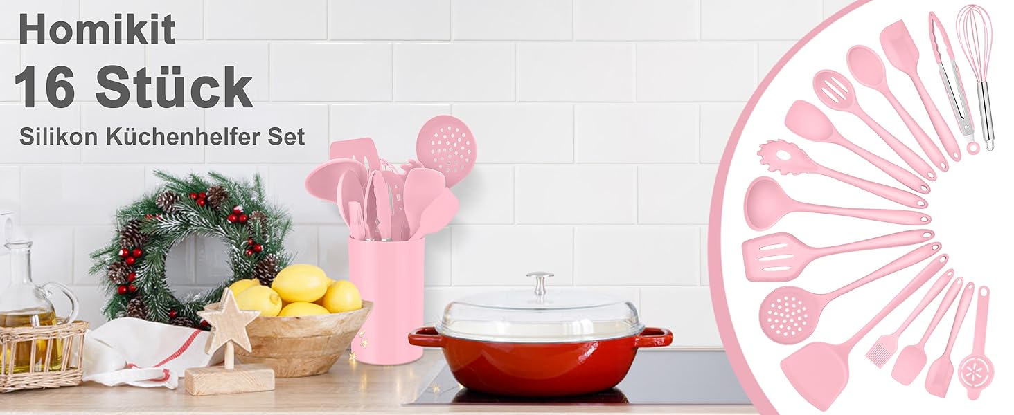 Набір кухонних аксесуарів Homikit 16 шт. з тримачем, кухонне приладдя, термостійкий посуд, кухонне начиння, придатний для миття в посудомийній машині (рожевий)