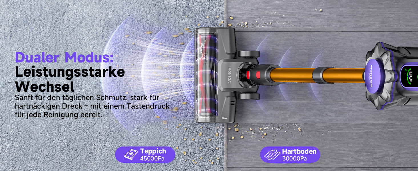 MONSGA Бездротовий акумуляторний пилосос з дисплеєм, 45000Pa, 50 хвилин роботи, антизаплутана щітка, самостійна парковка, док-станція на стіні, 8-шарова фільтрація, безщітковий двигун, для твердих поверхонь, килимів, шерсті тварин, авто