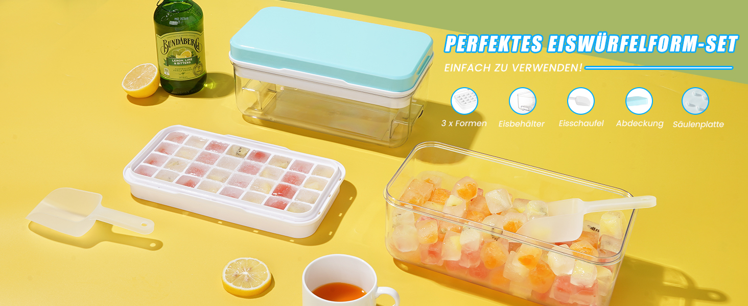 Ice cube mold, ice cube container, 96 ice cubes, ice cube mold with lid, with 3 trays, easy push to release ice, leak-proof, cooling for cocktails, whisky, coffee, blue