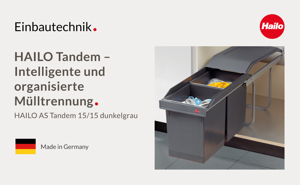 Відро для сміття Hailo Tandem 3650103 | Вбудований контейнер для сміття 2 секції з 50 мішками | для шаф шириною від 300 мм | Зручний висувний механізм на роликових направленнях | Сріблястий та антрацитовий пластик 3650101