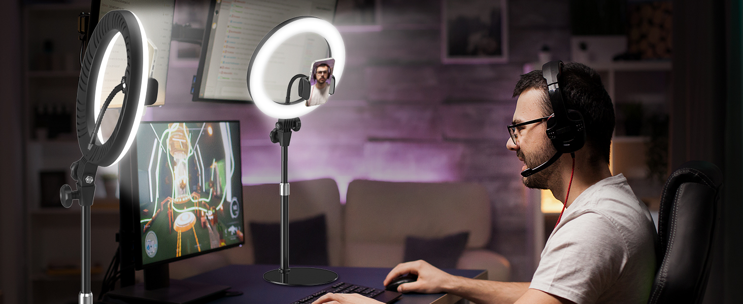 Кільцева лампа Evershop 10.5” з штативом для телефону/ноутбука: відеоконференції, стрімінг, YouTube, TikTok, LED, 3 кольори, 10 рівнів яскравості, 360° обертання