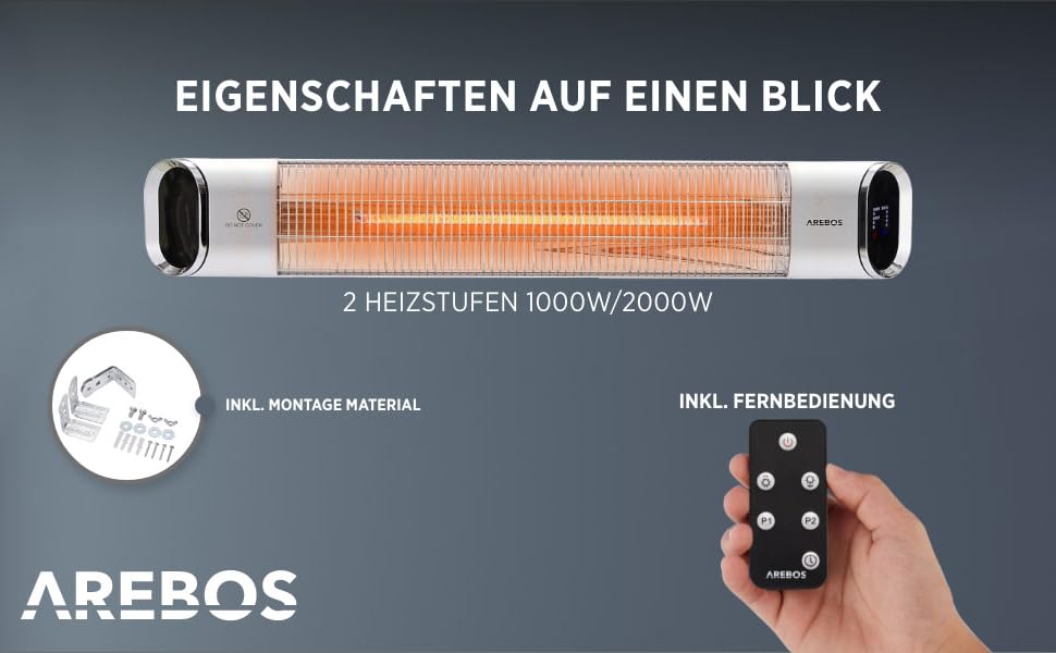 Інфрачервовий обігрівач Arebos 2000W з пульт дистанційного керування | 2 режими нагріву | кут нахилу 60° | комплект кріплення | обігрівач для тераси, даху, стелі | срібляний