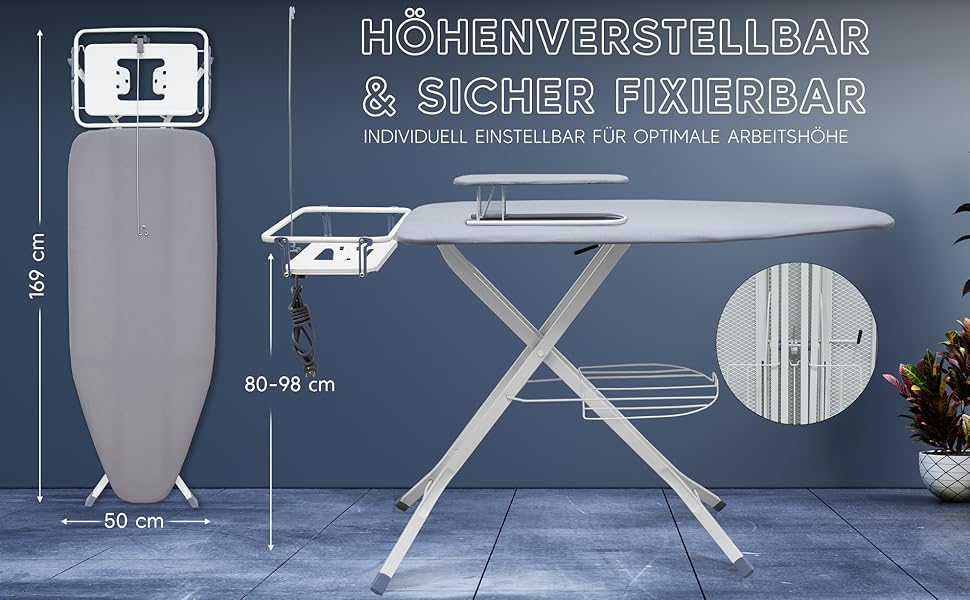 Прасувальна дошка EUROGOLD для парогенератора 130x48 см з розеткою, регульована по висоті, складана, з підкладкою для рукавів та підставкою для праски, бавовняний чохол Oeko-Tex (Сірий)