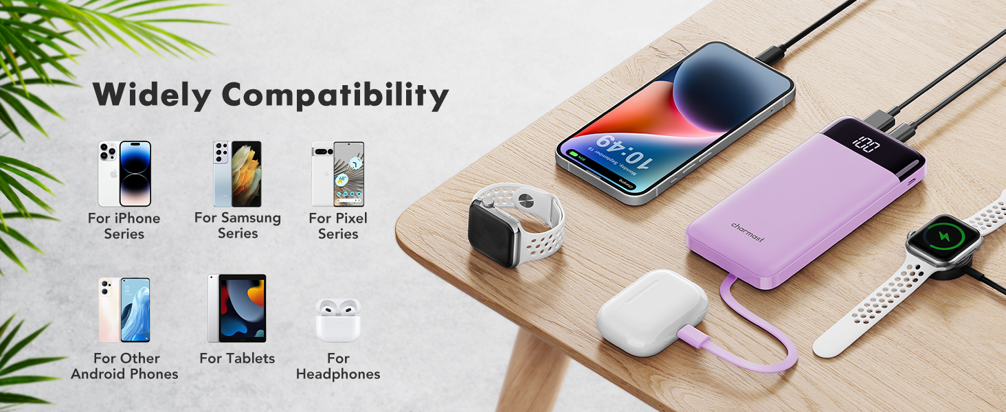 Power Bank Charmast 10000mAh з 6 виходами, USB-C, LED-дисплеєм та 4 кабелями (фіолетовий)