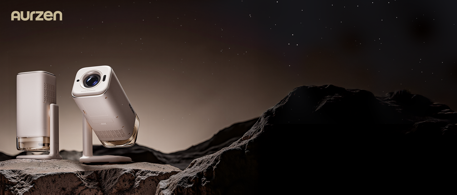 Smart проєктор Aurzen Boom Air Mini Beamer з Google TV та Netflix, 4K, USB-C, Dolby Audio, WiFi, Bluetooth, TOF автофокус, обертовий стійкий, кремовий