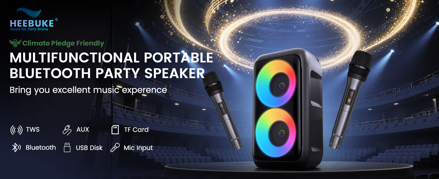 Караоке машина з 2 мікрофонами, портативна Bluetooth колонка з LED-підсвіткою, чорна