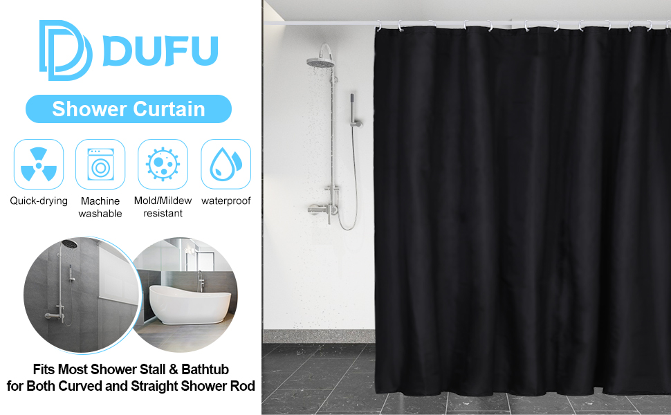 Шторка для душу DUFU, водонепроникна, миється | Швидковисихаюча тканина з поліестеру з 12 гачками | Напівпрозора захисна шторка для ванни (180x200 см, Темно-сірий) (Чорний 180x200 см)